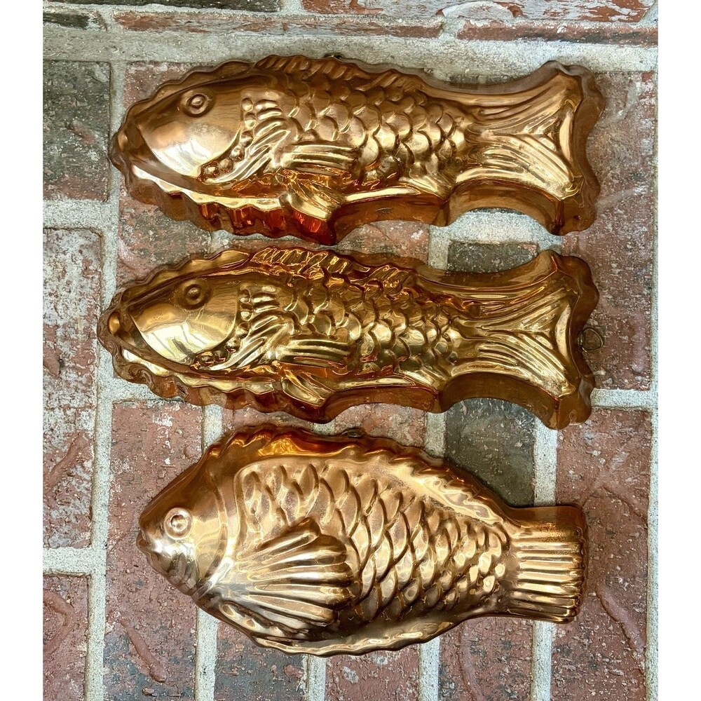 3- Copper Tin Lined Fish Mold Made in Portugal 12.5"&11”Collectibles